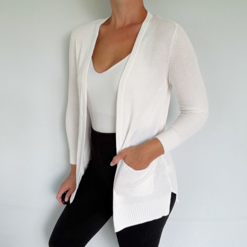 Nine West white ribbed knit draped front long cardigan sweater size small